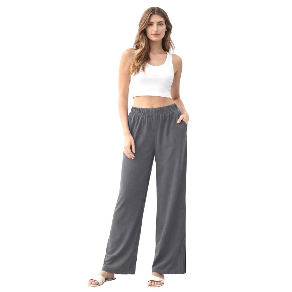 ZARA Gray Wide Leg Lounge Pants Elastic Waist Side Slit‎ XL Lagenlook 97-36